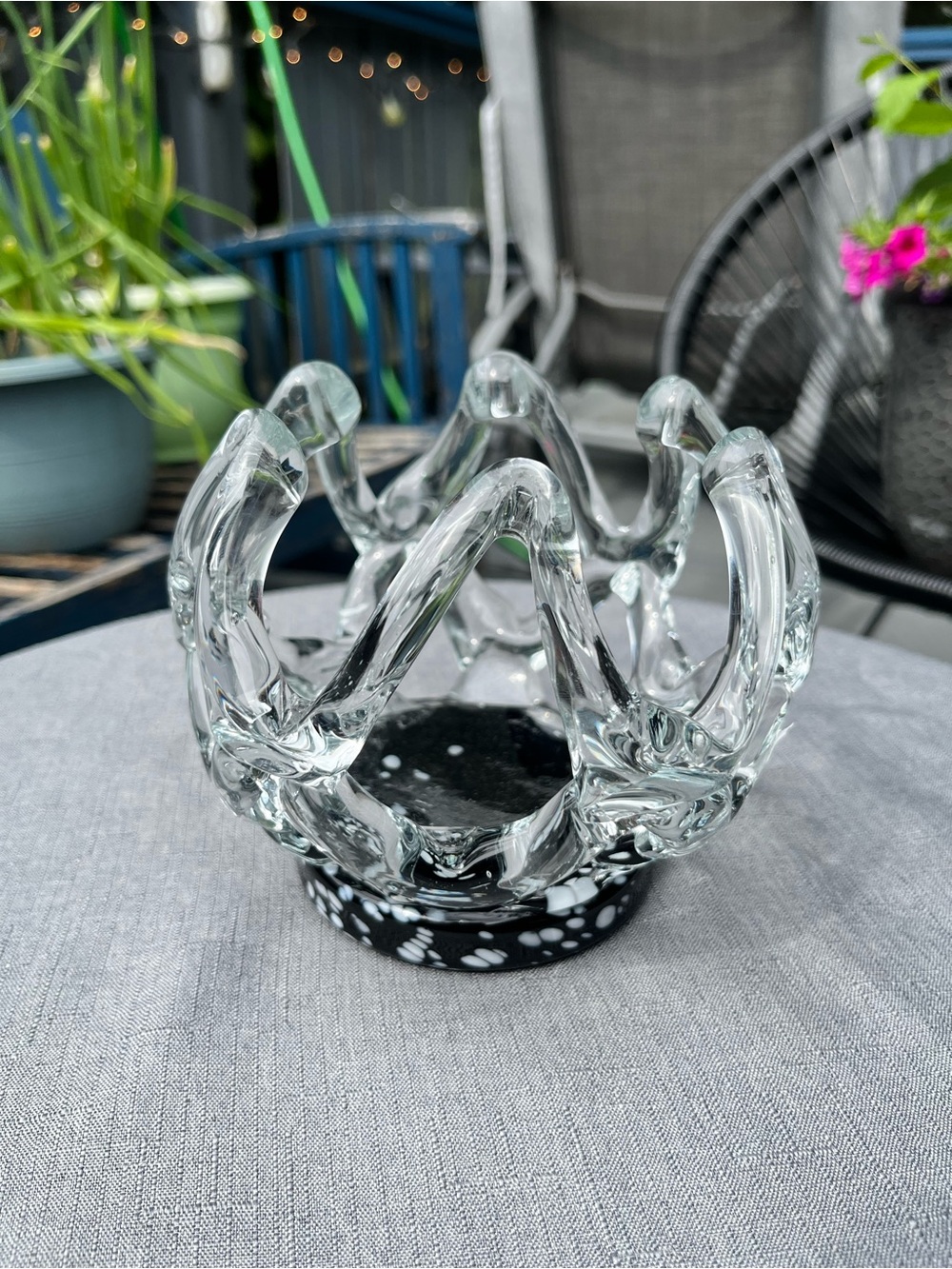Hand Blown Art Glass Crown Bowl Black White Confetti MCM Décor